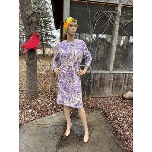 60s Belted Knit Shirt Dress Long Sleeve Wool Blend Ivory Lilac Sz 48
